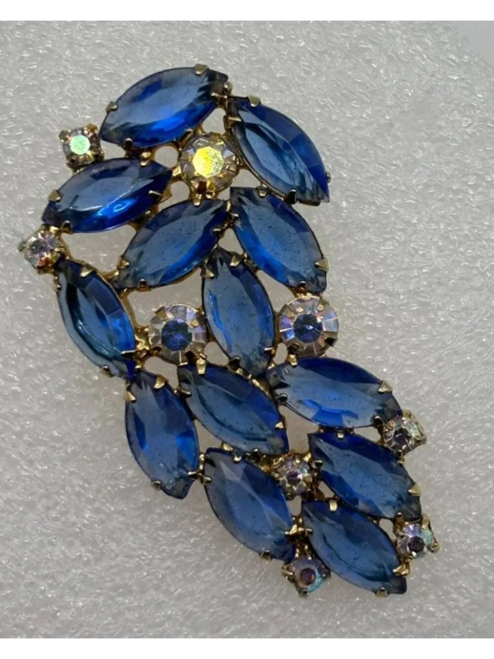 Vintage Blue Navette and Clear Prong-Set Rhinestone Brooch Open Back, Not Signed
